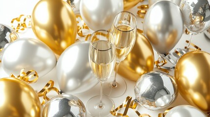 Obraz premium Glamorous flat lay of gold and silver balloons, party streamers, and sparkling wine glasses, isolated on white