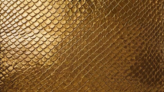 Closeup gold snake skin texture. Closeup of snake leather texture in dark gold fine scales with subtle shine and intricate pattern. Reptile skin pattern design, Eco-friendly camouflage
