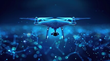 A futuristic drone with a camera flying through a network of glowing blue lines.