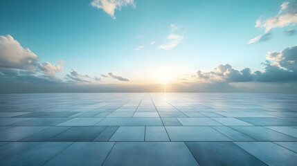Blue Sky with Clouds and Sun Rays Over Tiled Floor - Background Illustration