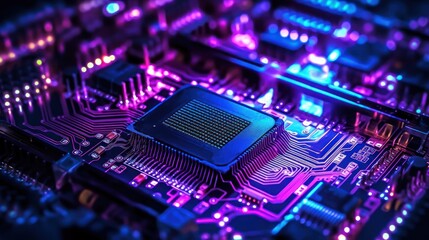 Fototapeta premium Close-up of a computer processor on a circuit board with vibrant neon lights.