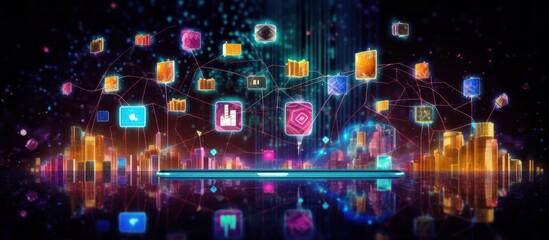 Fototapeta premium Abstract technology concept with glowing icons connected by lines in a futuristic cityscape.