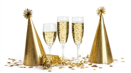 Lavish New Year Eve flat lay with golden party hats, sparkling wine glasses, and confetti, isolated on white