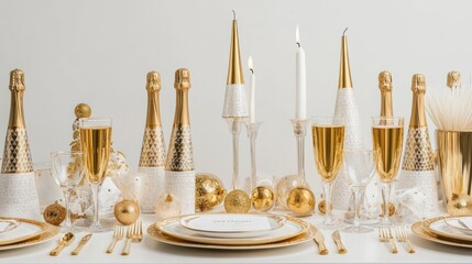 Luxurious birthday celebration with gold party decorations, champagne flutes, and elegant table settings, isolated on white