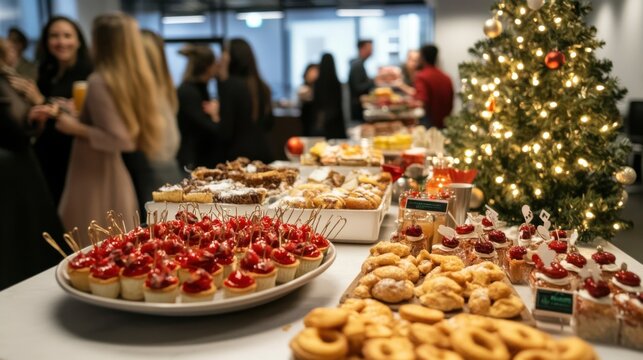 A joyful holiday party in an office setting, with staff mingling around
