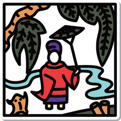 ステッカー正方形ミニ花札　霜月　栃　11月　小野道風　栃に小野道風