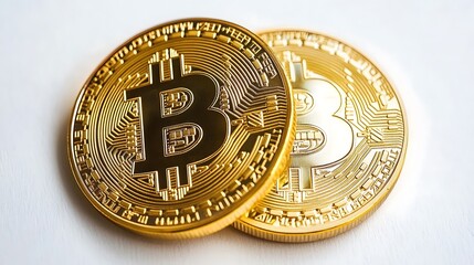 Two Golden Bitcoin Coins Laying on a White Surface