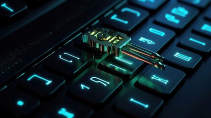 A golden key lays on a black laptop keyboard, symbolizing digital security or access.