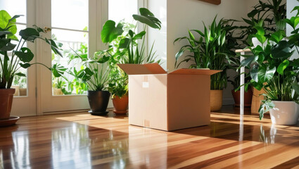 Fototapeta premium cardboard box sits in sunlit room surrounded by lush green plants, creating serene and inviting atmosphere. wooden floor reflects natural light beautifully