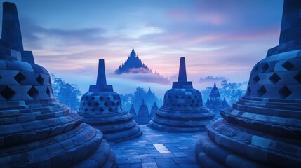 A mystical view of Borobudur Temple in Indonesia at dawn,