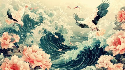 Crane birds vector. Japanese background with watercolor texture painting texture. Oriental natural wave pattern with ocean sea decoration banner design in vintage style.