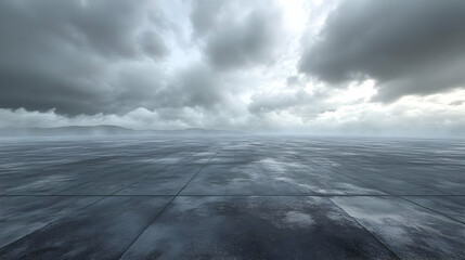 Dark Cloudy Sky Above a Wet Concrete Floor 3D Illustration