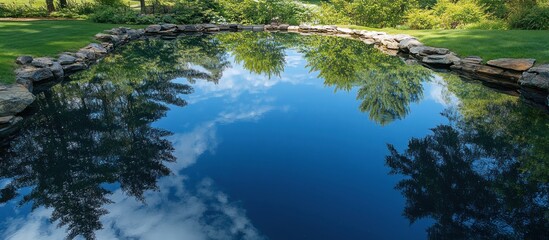 Obraz premium Calm blue pond with trees reflected in the water.