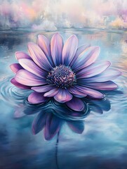 A single purple daisy floats on a calm lake with a soft, dreamy background.