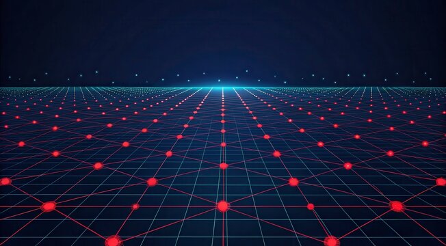 A Dark Blue Digital Grid Pattern With Red Nodes and a Horizon Glow. Generative AI