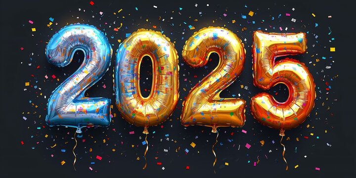 Vibrant illustration of golden and silver balloons showcasing the new year 2025 celebration