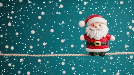Festive Santa Claus Figurine Balancing on Rope with Snowfall Background