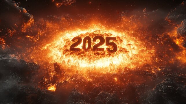 New Year 2025 illuminated against a dark sky with fiery clouds creating a dramatic atmosphere - Powered by Adobe