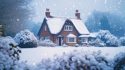 A serene winter scene of a classic English cottage with a thatched roof,