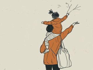 Fototapeta premium Illustration of a father carrying a child on his shoulders, both joyful and playful on a light background with copy space