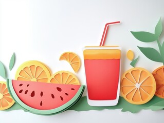 watermelon and orange juice in glass with straw, paper cut style illustration, simple shapes, flat colors, white background, white space on top of the objects, cut out from colored construction paper