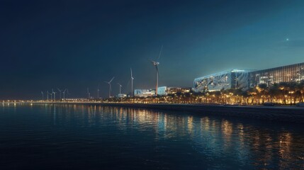 Fototapeta premium A striking night view of Al Khobar's waterfront, with shimmering city lights