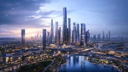 Naklejka premium Dubai city 3d concept background. amazing city center skyline with luxury skyscrapers at sunrise 