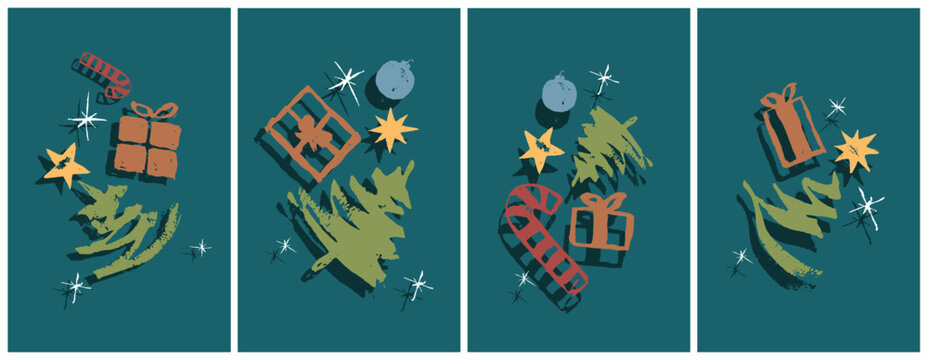 Modern Merry Christmas Postcard Collection Set: Holiday Greetings Grunge Minimal Vector Art Colorful Vibrant