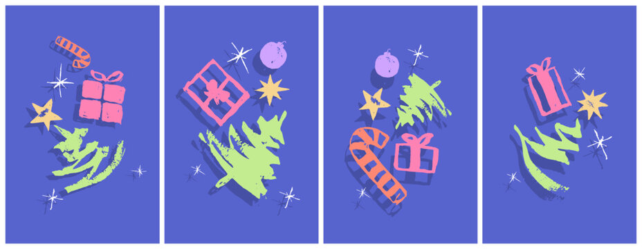 Modern Merry Christmas Postcard Collection Set: Holiday Greetings Grunge Minimal Vector Art Colorful Vibrant