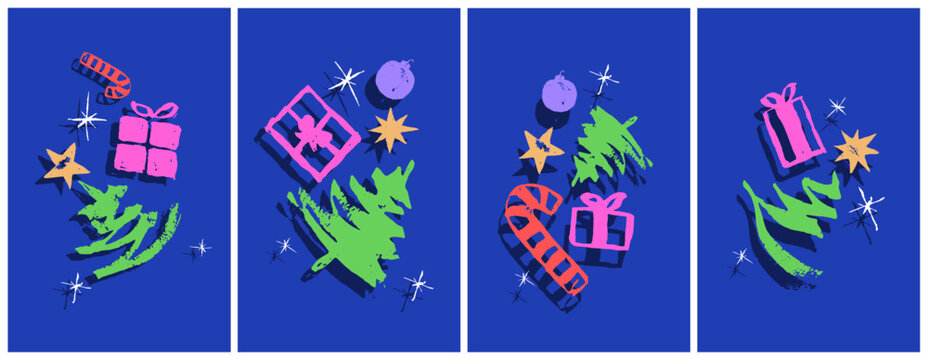 Modern Merry Christmas Postcard Collection Set: Holiday Greetings Grunge Minimal Vector Art Colorful Vibrant