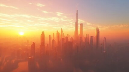 Fototapeta premium Dubai city 3d concept background. amazing city center skyline with luxury skyscrapers at sunrise 