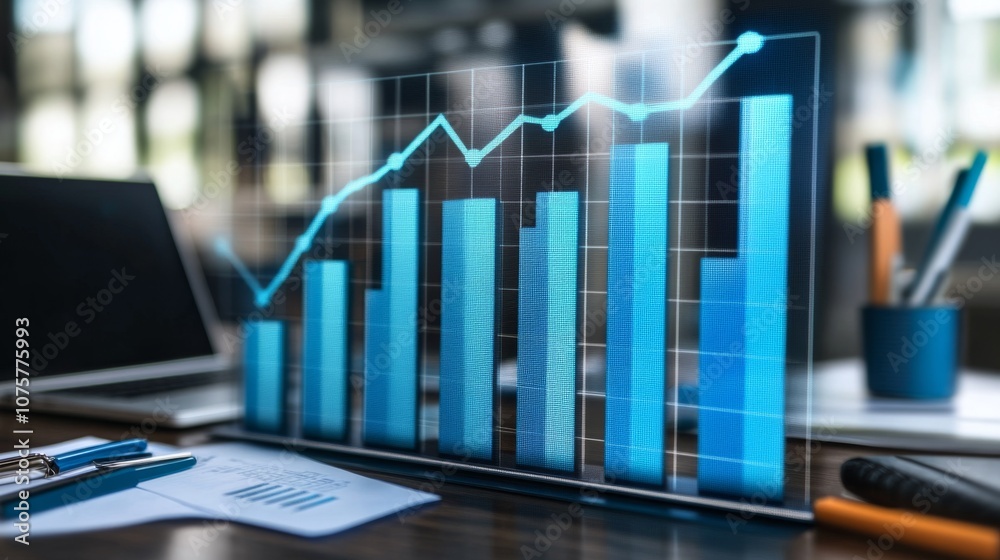 Aufkleber Modern Digital Bar Graph on Transparent Screen Over Office Desk with Notepad, Pens, and Soft Focus Background Showing Business Growth and Data Analysis