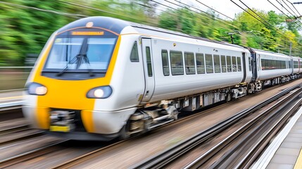 Naklejka premium A high-speed train in motion on railway tracks surrounded by greenery.