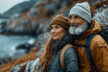 Obraz premium Happy middle aged couple hiking on coastal path enjoying nature and outdoor activities