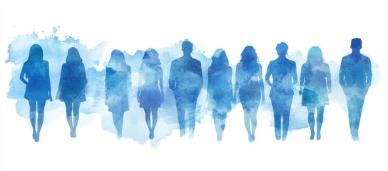 Blue vector illustration of people standing in a row, a business team or group on a white background. Abstract human silhouettes. 
