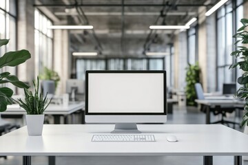 Fototapeta premium Blurred office interior background with a white table and computer, a business concept. 