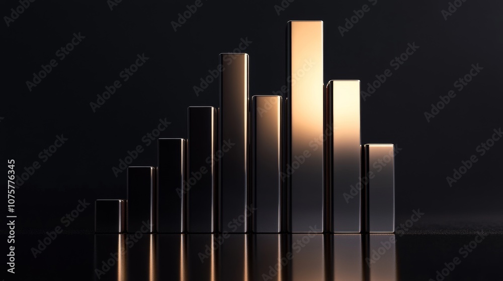 Aufkleber Modern Metallic Bar Chart on Dark Background with Reflections, Representing Data Growth and Business Success in a Minimalistic Style