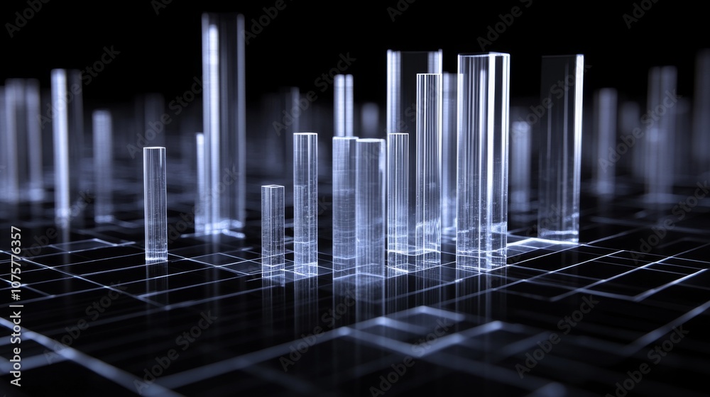 Aufkleber Abstract Digital Landscape of Glass-Like Structures Rising from a Grid, Symbolizing Data Visualization and Modern Technology in a Futuristic Environment