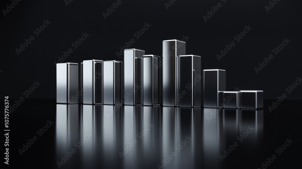 Poster Metallic Bar Graphs Representing Data Trends in a Modern and Sleek Studio Environment with Reflections on a Dark Surface