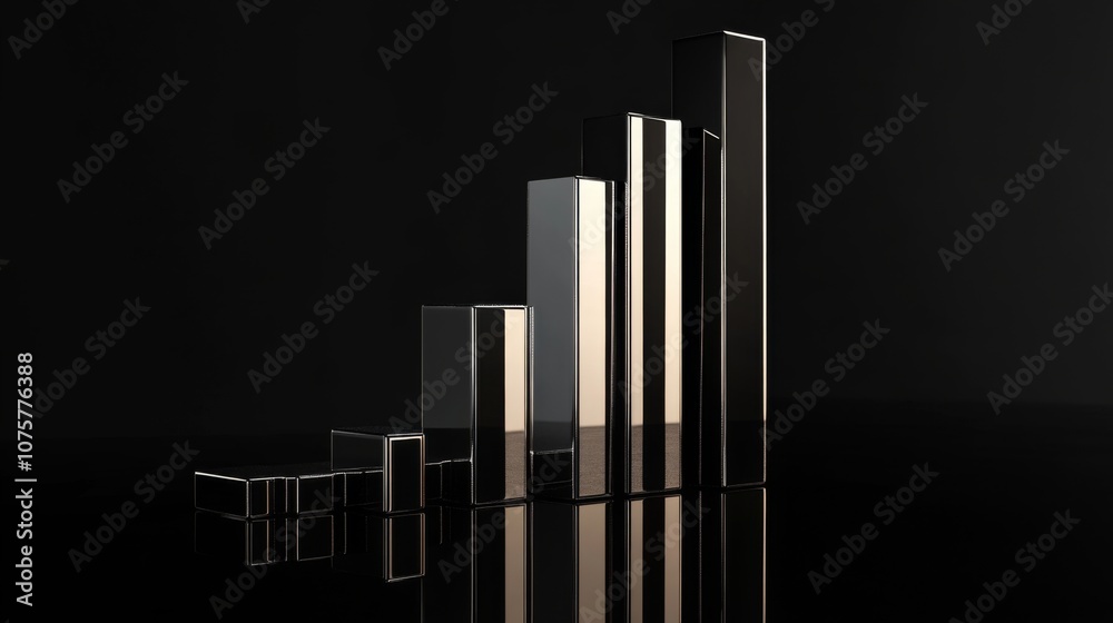 Poster Abstract representation of business growth using metallic bars reflecting light to symbolize financial progress and success against a dark background.