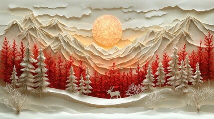 Sunlit Mountain Landscape Kirigami: A Vibrant Pastel 3D Paper Art Scene with Layered Peaks, Blossoming Trees, and Warm Sky 