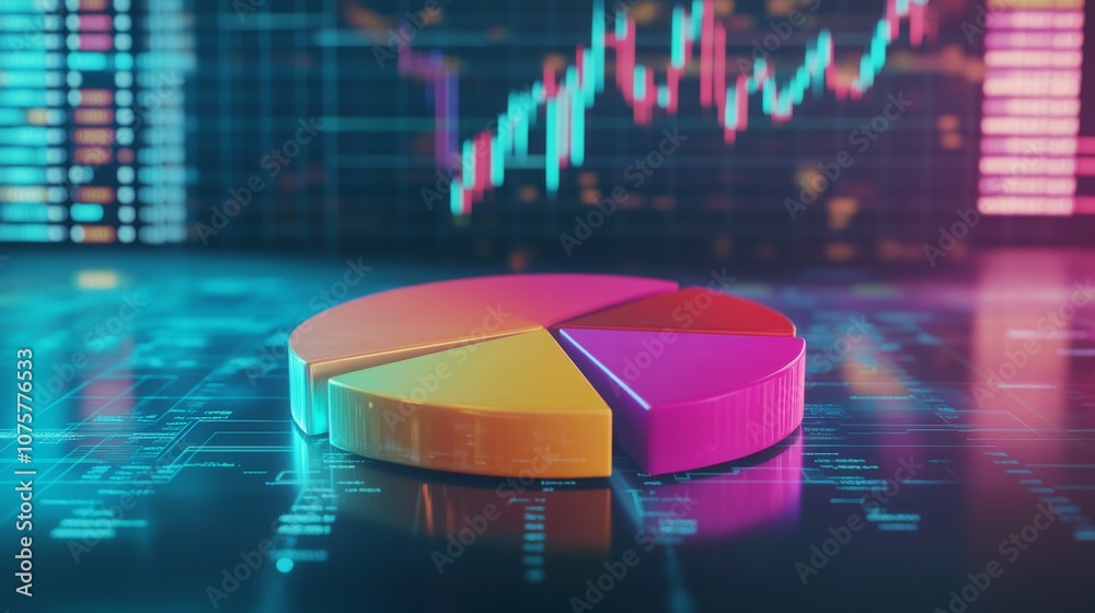 Poster colorful pie chart on digital background with stock market data, symbolizing business analytics, dat