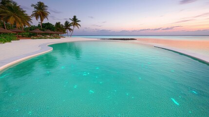 Fototapeta premium Tropical Paradise Infinity Pool Beach Sunset Palm Trees Ocean Resort Vacation Luxur