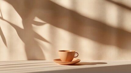 Fototapeta premium A coffee cup rests atop a table beside a curtain's shadow on the adjacent wall