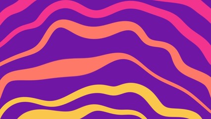 Purple background with wavy lines in yellow, orange, and pink. 