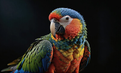 Fototapeta premium A colorful macaw sits against a black background, its bright feathers catching the light