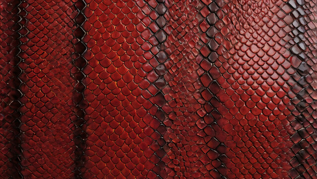 Closeup red snake skin texture. Closeup of snake leather texture in dark red fine scales with subtle shine and intricate pattern. Reptile skin pattern design, Eco-friendly camouflage
