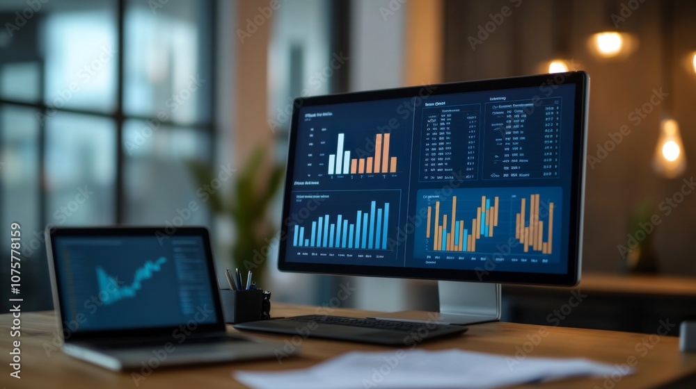 Fototapete modern office workspace with multiple monitors displaying financial data and analyses, featuring cha