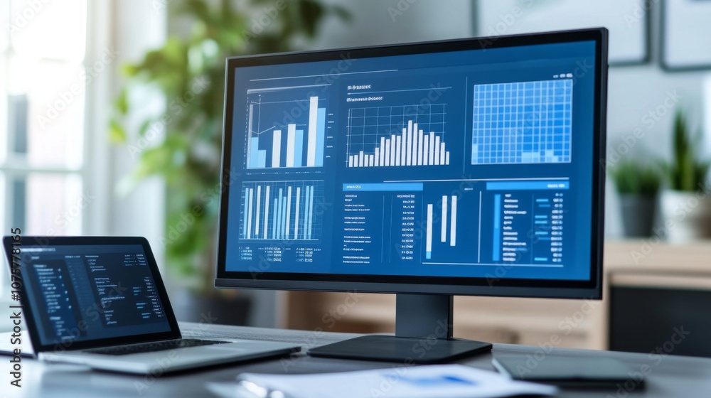 Aufkleber Modern Office Setup with Laptop and Desktop Displaying Data Analytics Charts and Graphs, Featuring Bright Interior Space with Greenery