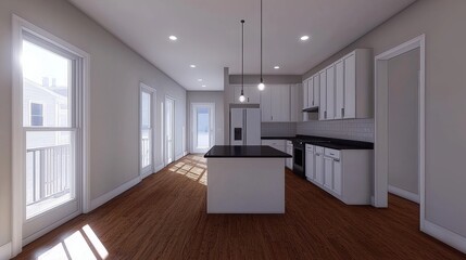 Fototapeta premium Modern Kitchen Interior Design with White Cabinets and Island